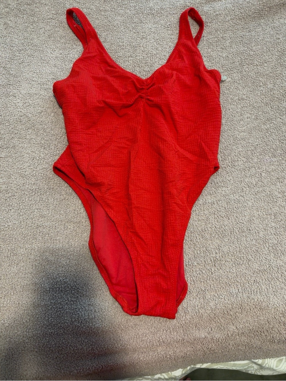 Red Textured One Piece Swimsuit Size XL Ruched Lace Up Back